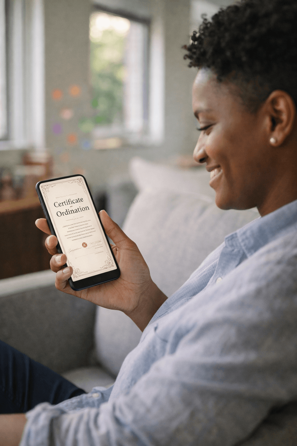 Person viewing their ordination certificate