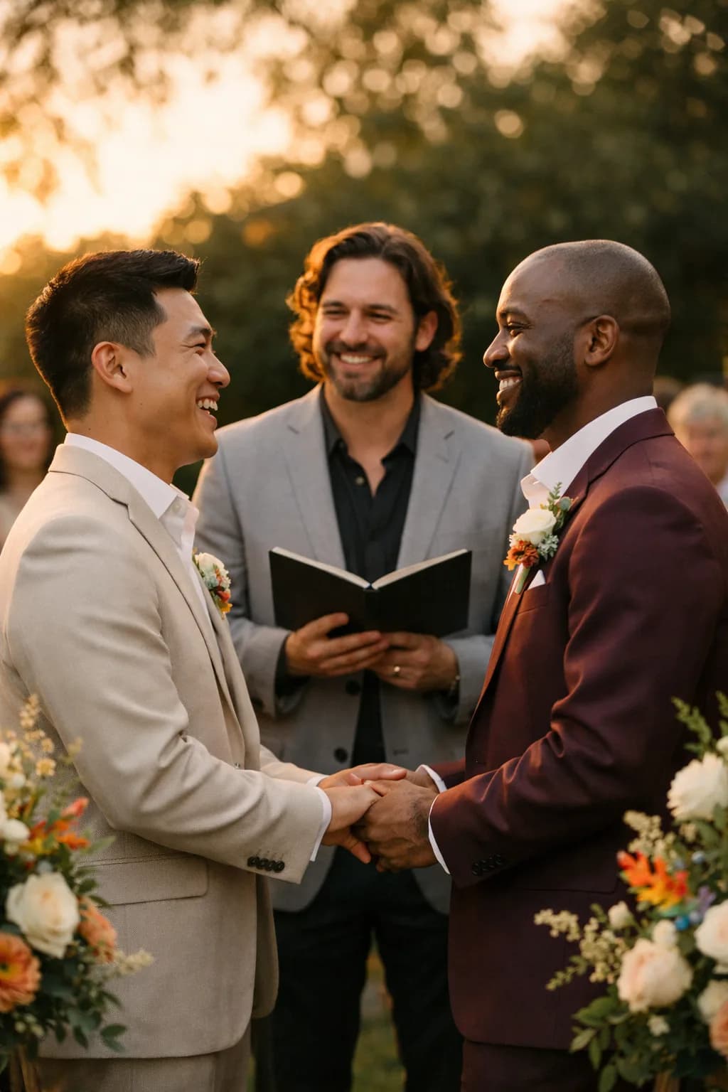 Two grooms exchanging vows with their officiant